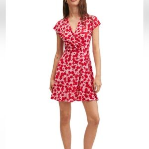 Mango Floral Wrap Dress in pink and red size 14